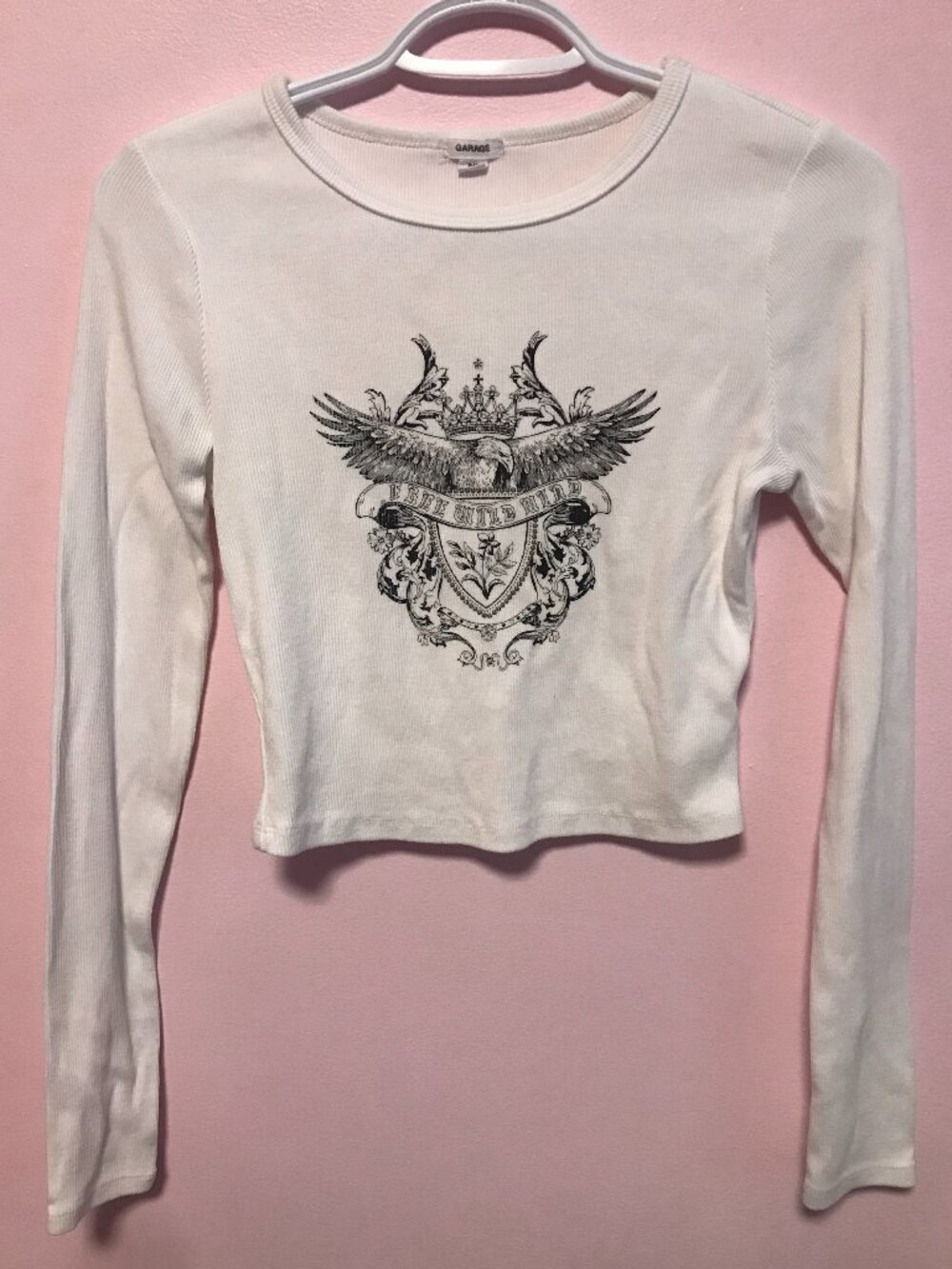 GARAGE Cropped Graphic Ribbed White Long Sleeve Shirt